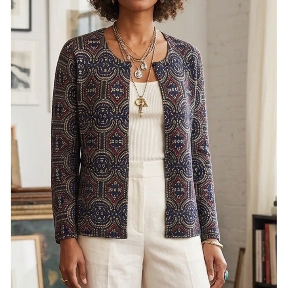 Premise Studio S Navy Blue Red Medallion Pattern Button Front Cardigan Eclectic